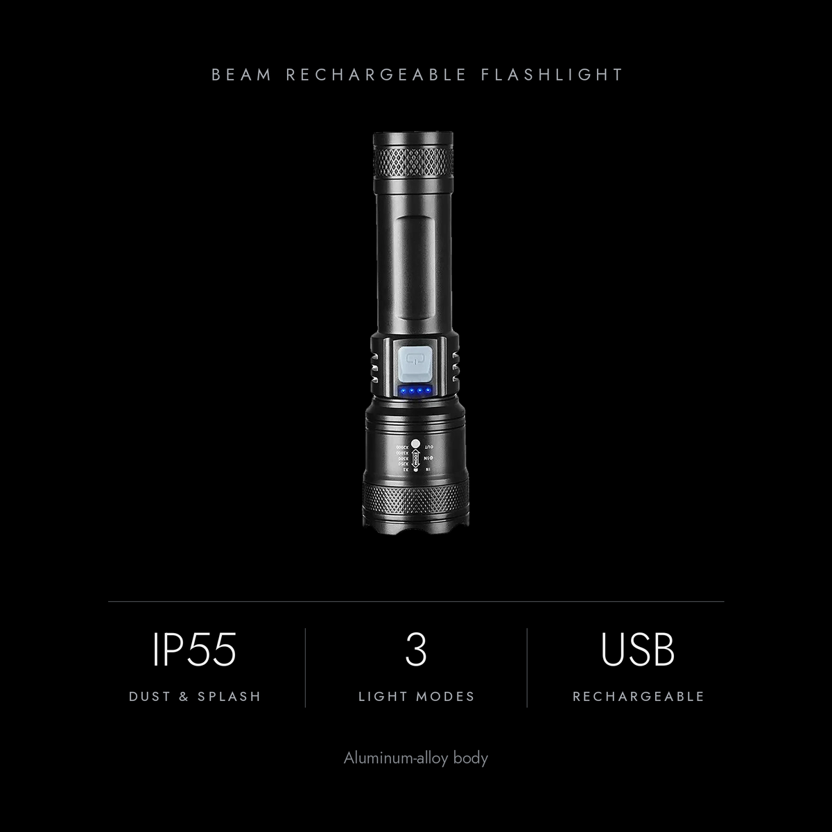 Beam Rechargeable Flashlight key specs: IP55, three light modes, USB rechargeable