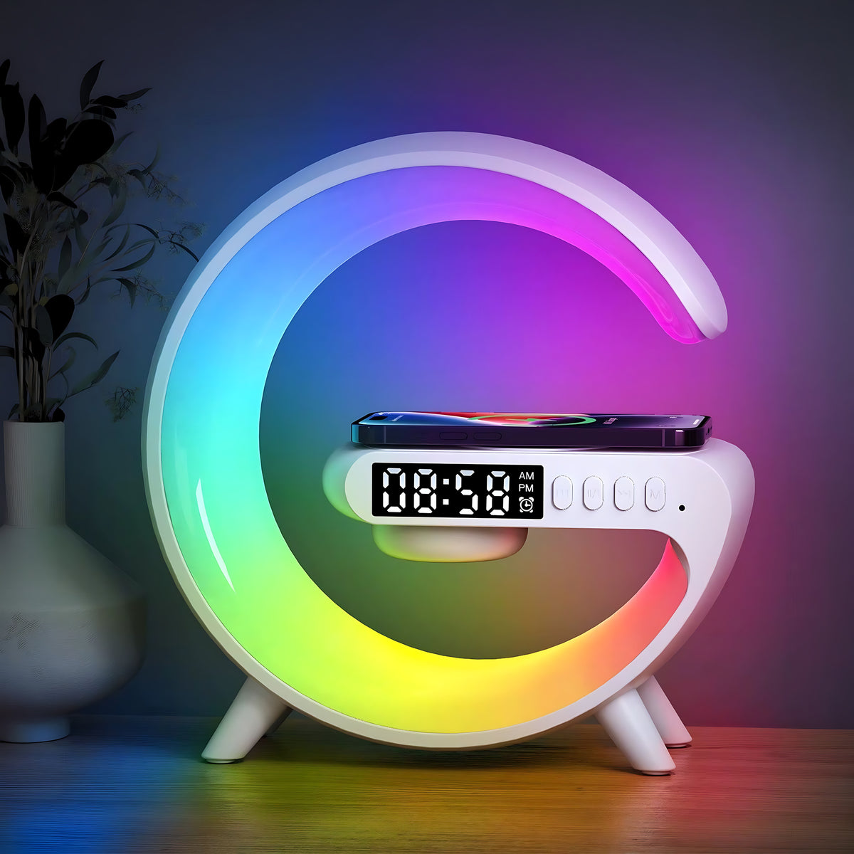 Dawn glowing in full color with a phone on its charging pad