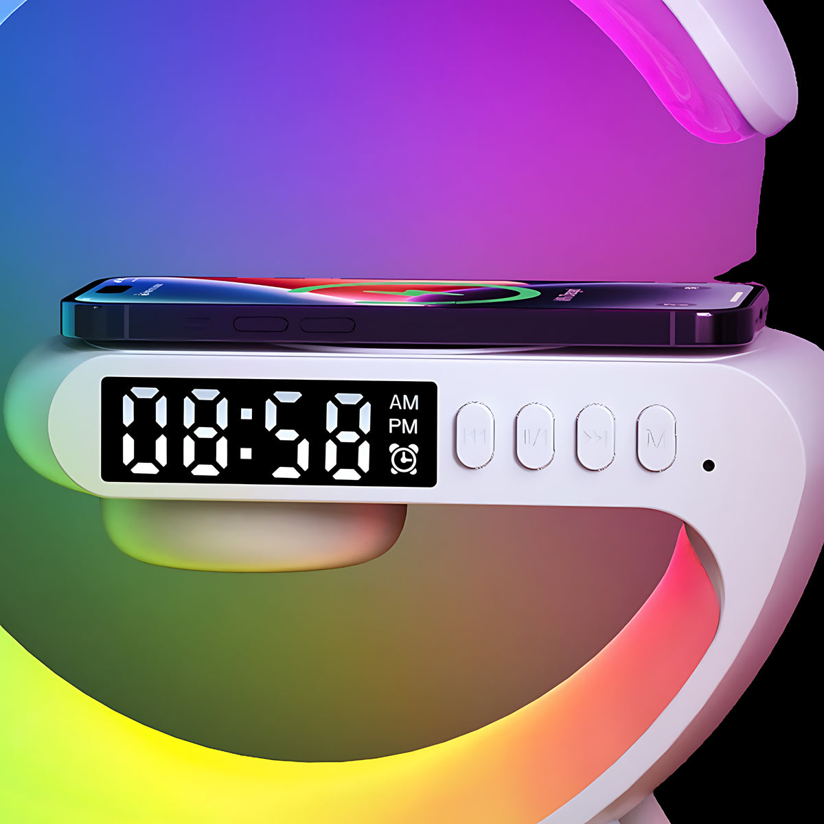 Close-up of Dawn’s digital clock and wireless charging pad