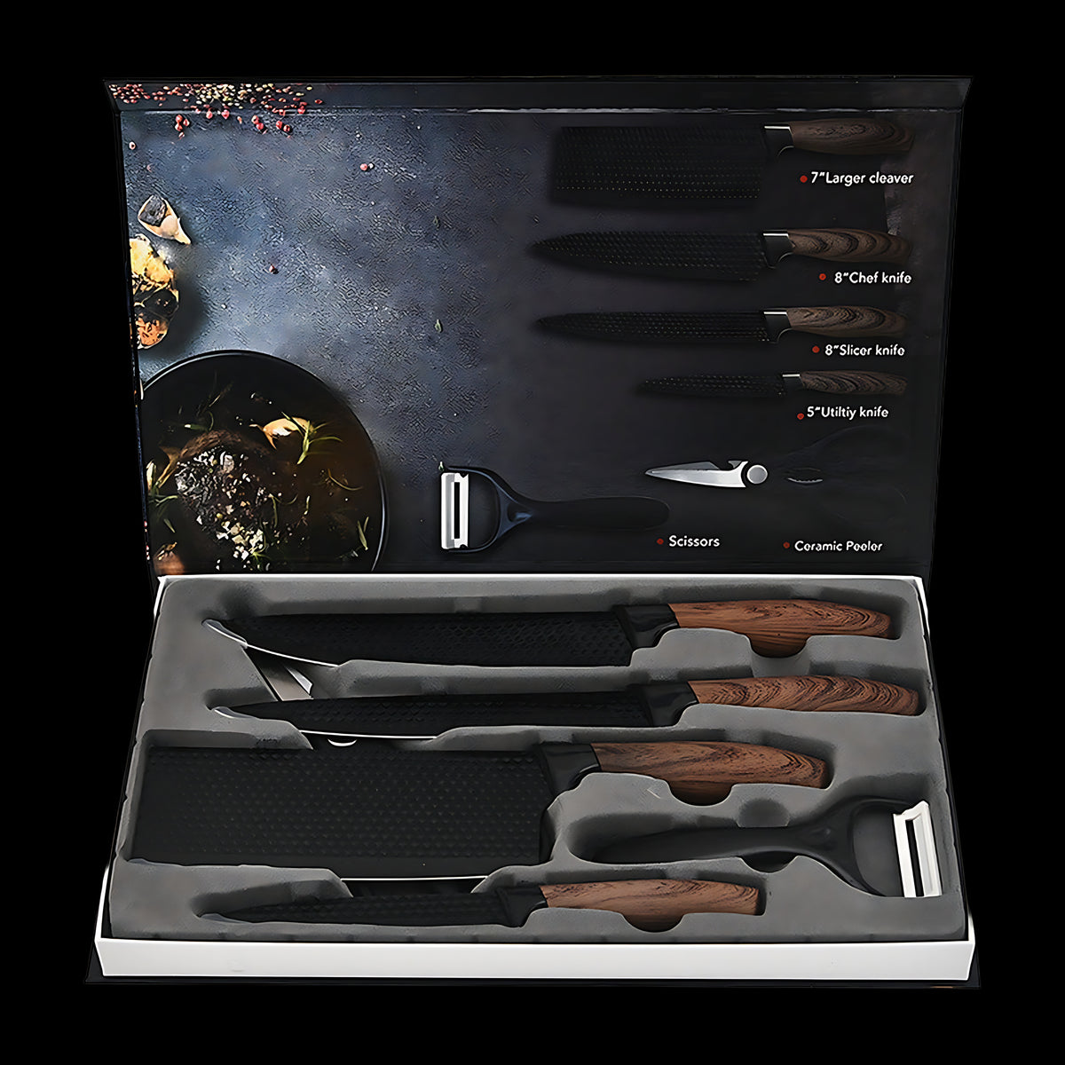 Edge 6-Piece Knife Set gift box, with the size of each knife printed inside