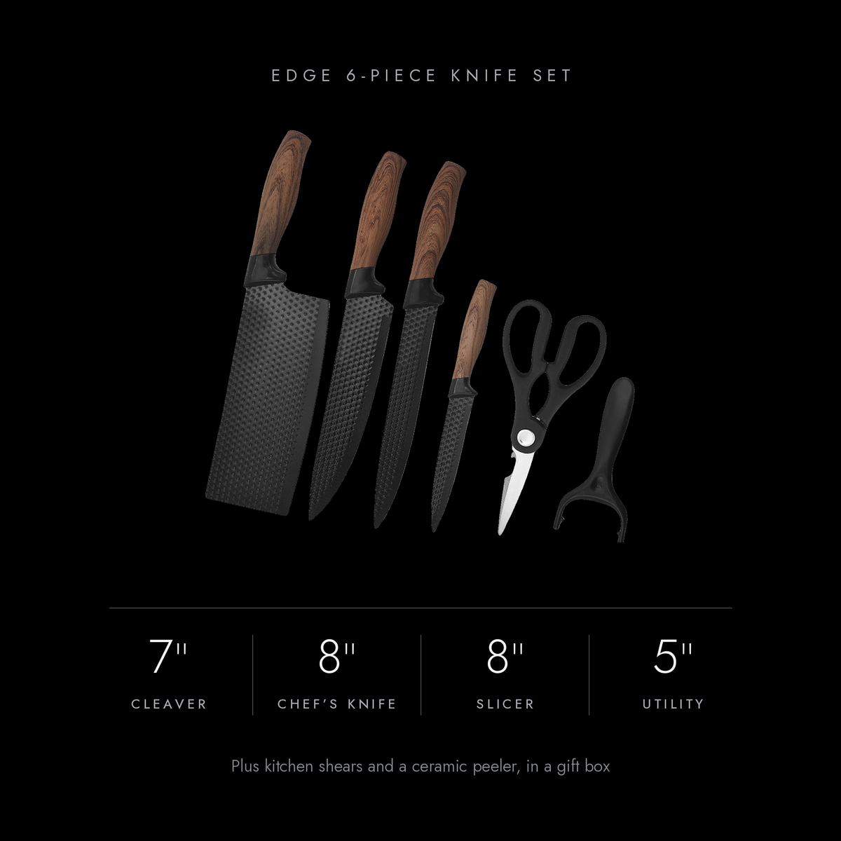 Edge key specs: 7-inch cleaver, 8-inch chef’s knife, 8-inch slicer, 5-inch utility knife, plus shears and a ceramic peeler