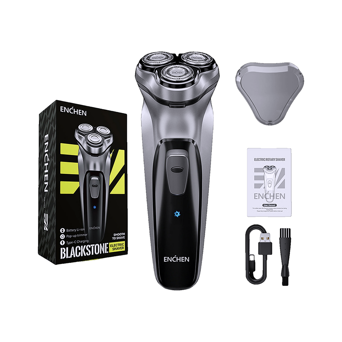 Blackstone Rotary Shaver by ENCHEN with its box, protective cap, charging cable, cleaning brush and manual