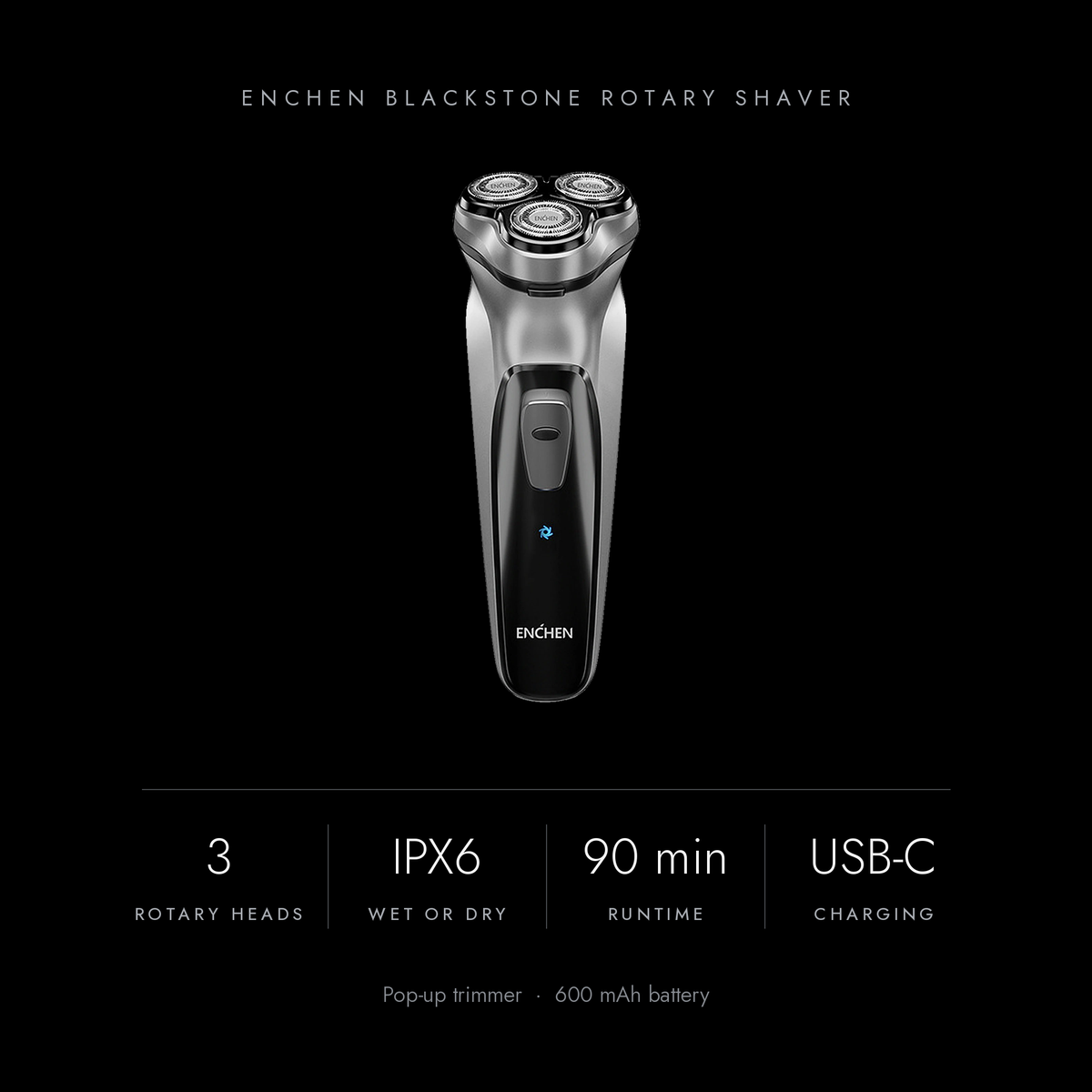 Blackstone Rotary Shaver key specs: three rotary heads, IPX6, up to 90 minutes runtime, USB-C charging