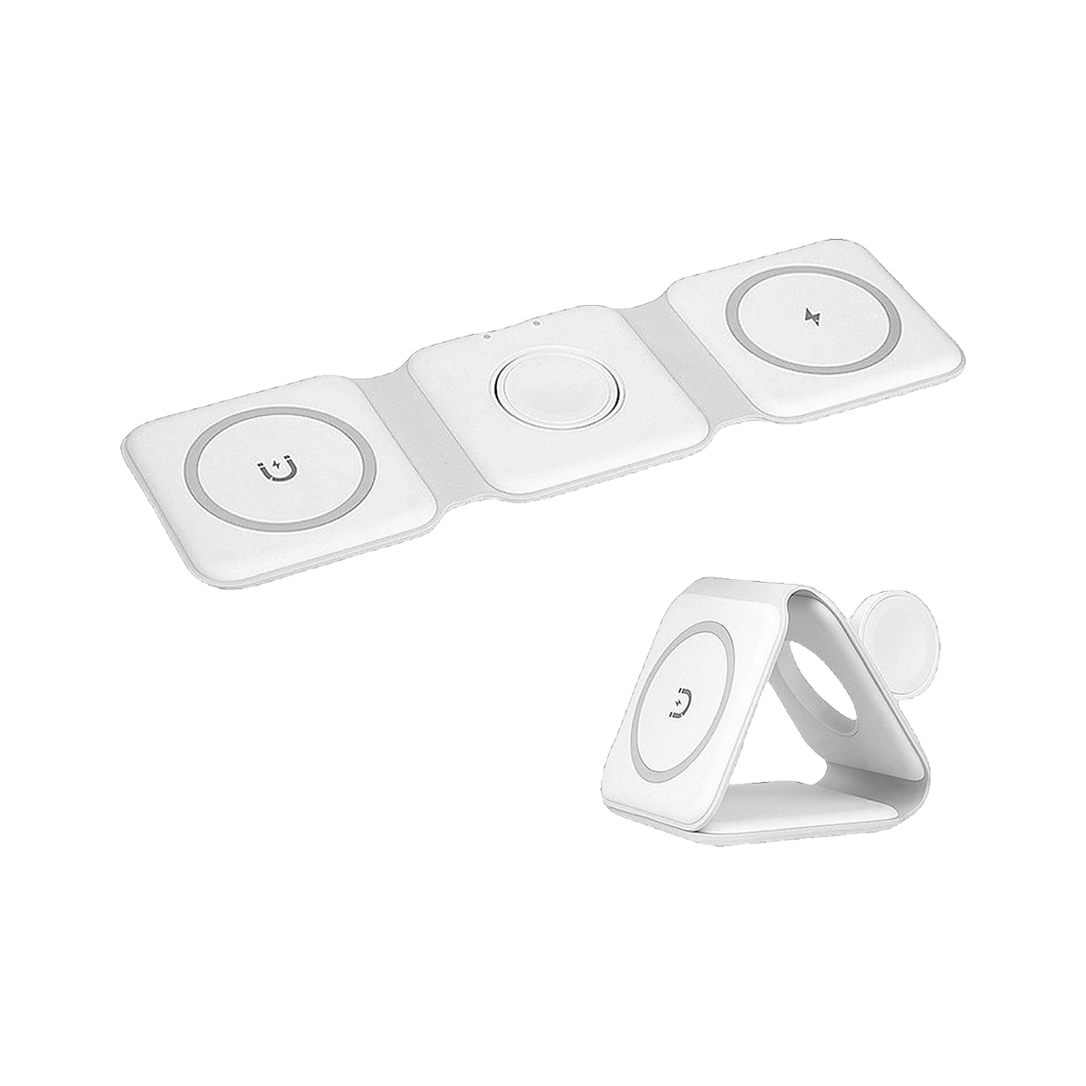 Fold 3-in-1 Wireless Charger, folded flat and set up as a stand