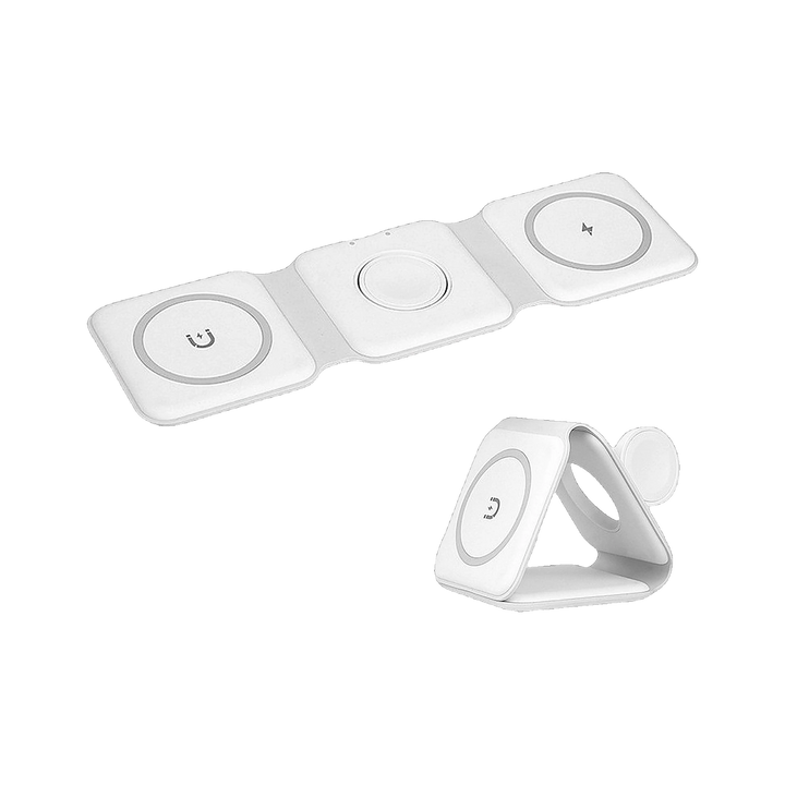 Fold 3-in-1 Wireless Charger, folded flat and set up as a stand