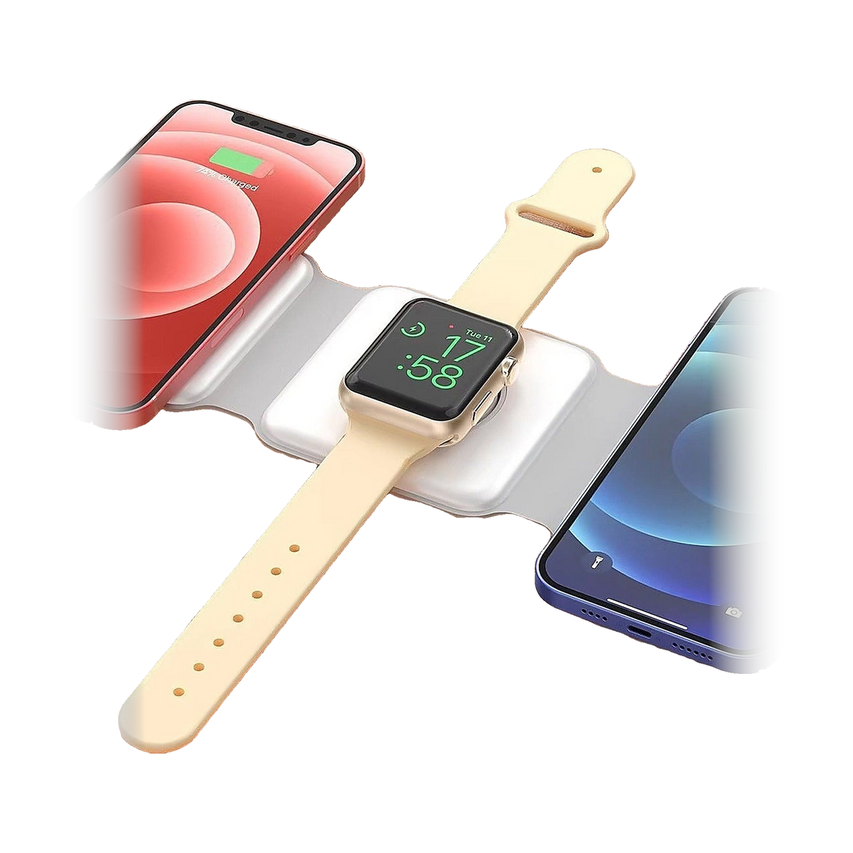 Fold charging a phone, a watch and a second phone at once