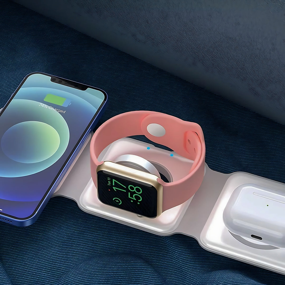 Fold charging a phone, a smartwatch and earbuds
