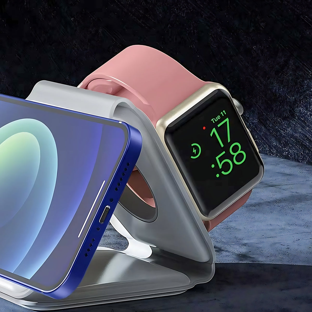 Fold in stand mode, holding a phone and a smartwatch