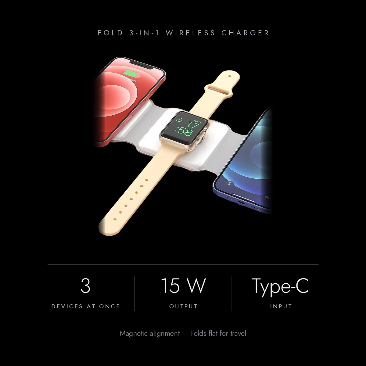 Fold key specs: charges three devices at once, 15 W output, Type-C input