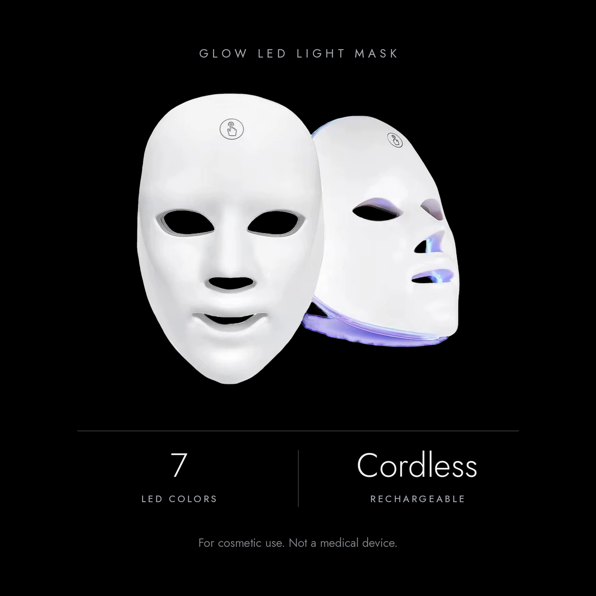 Glow key specs: seven LED colors, cordless and rechargeable. For cosmetic use only