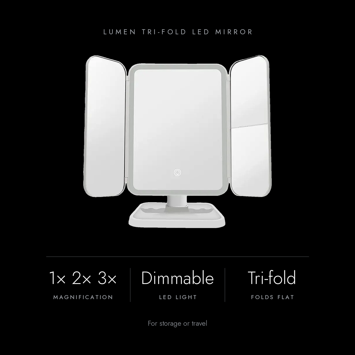 Lumen key specs: 1×, 2× and 3× magnification, dimmable LEDs, folds flat