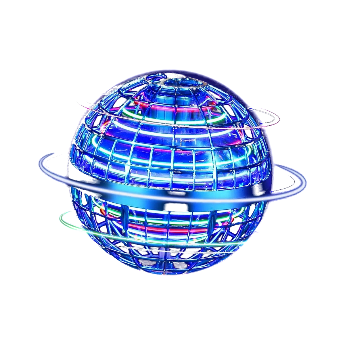 Nova Flying Orb lit up in blue, with LED rings around it