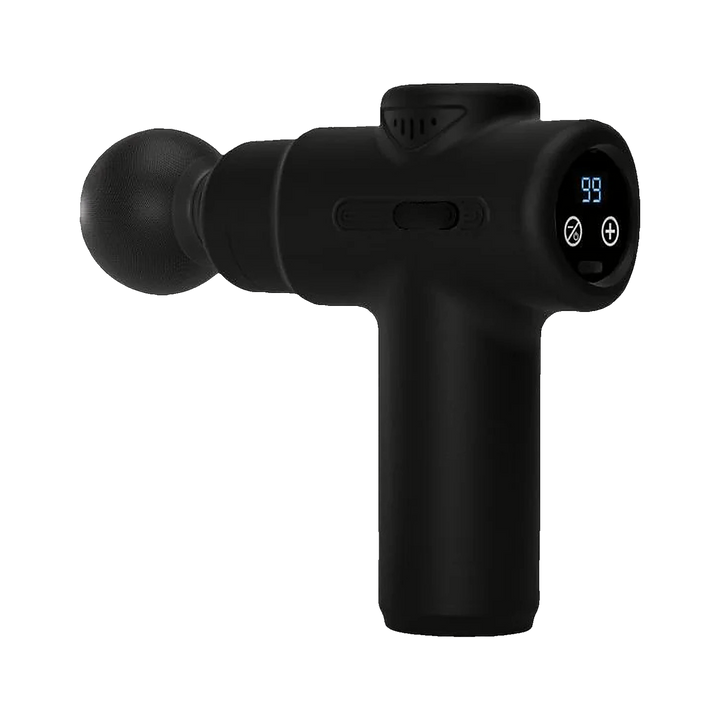 Pulse Mini Massage Gun in black, side view with the speed display