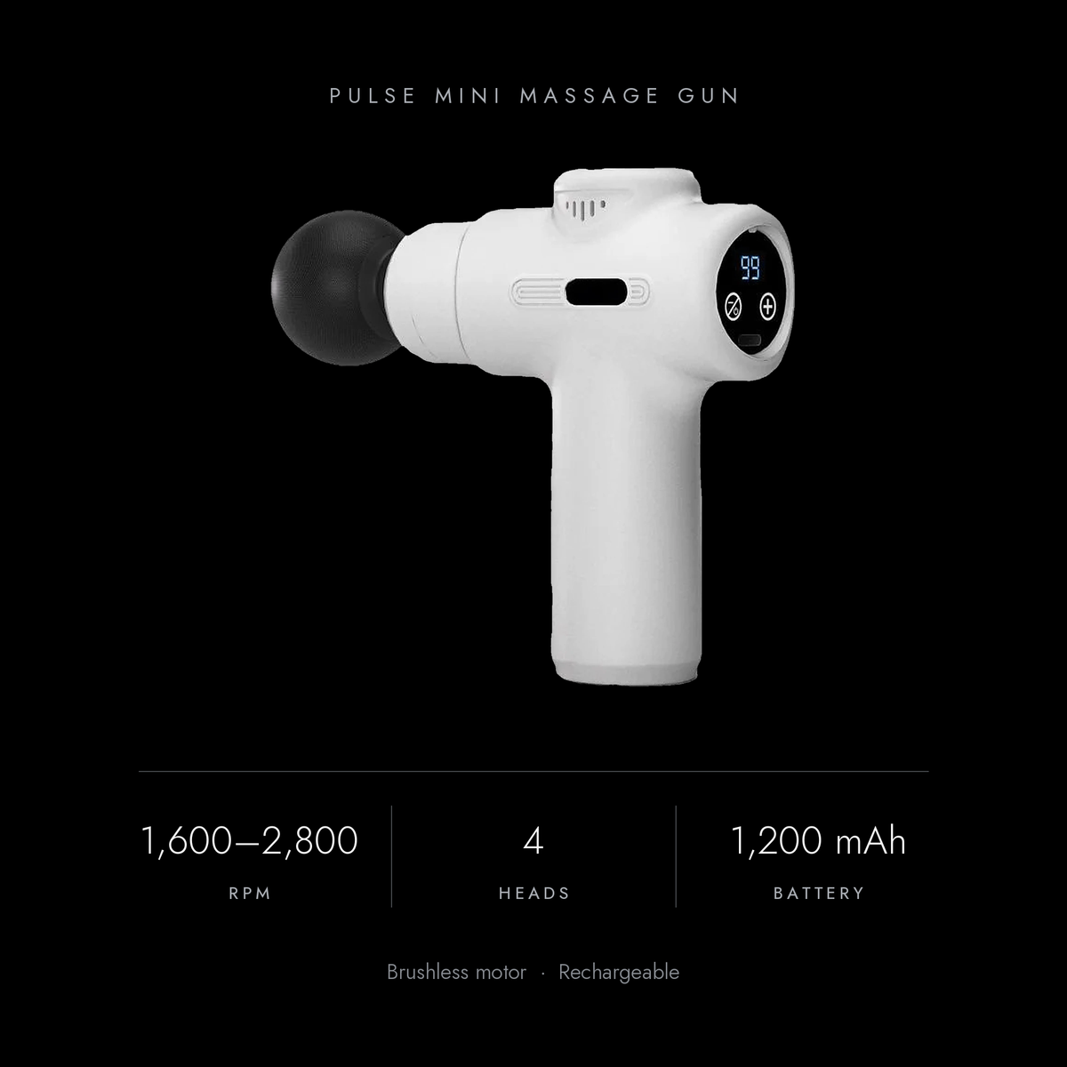 Pulse key specs: 1,600 to 2,800 rpm, four heads, 1,200 mAh battery