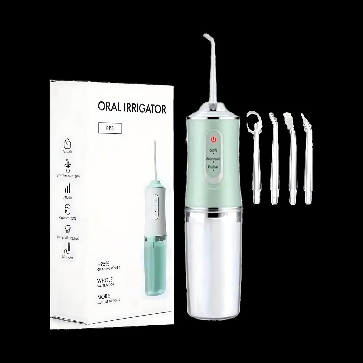 Rinse Cordless Water Flosser with its box and four tips
