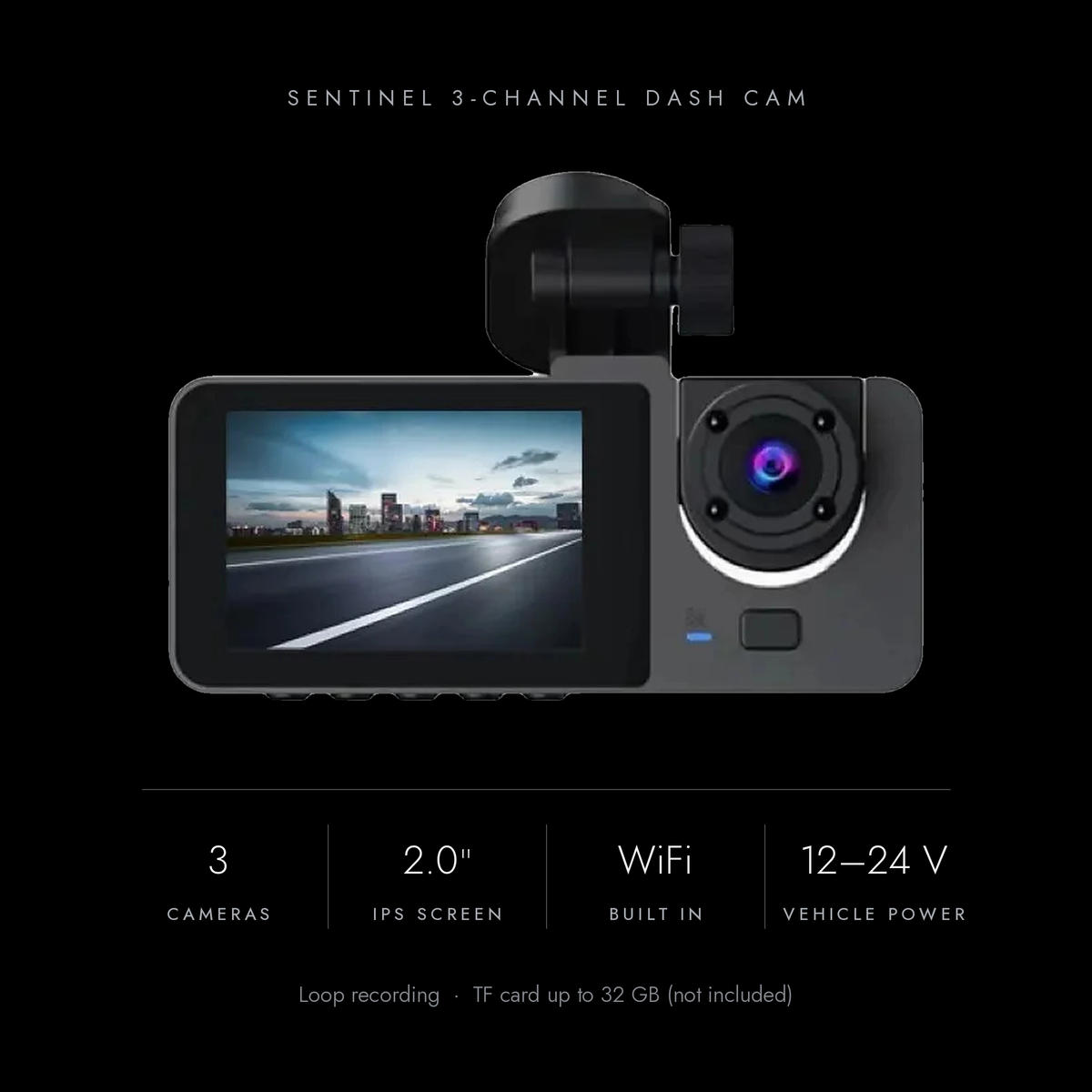 Sentinel key specs: three cameras, 2.0-inch IPS screen, built-in WiFi, 12–24 V vehicle power