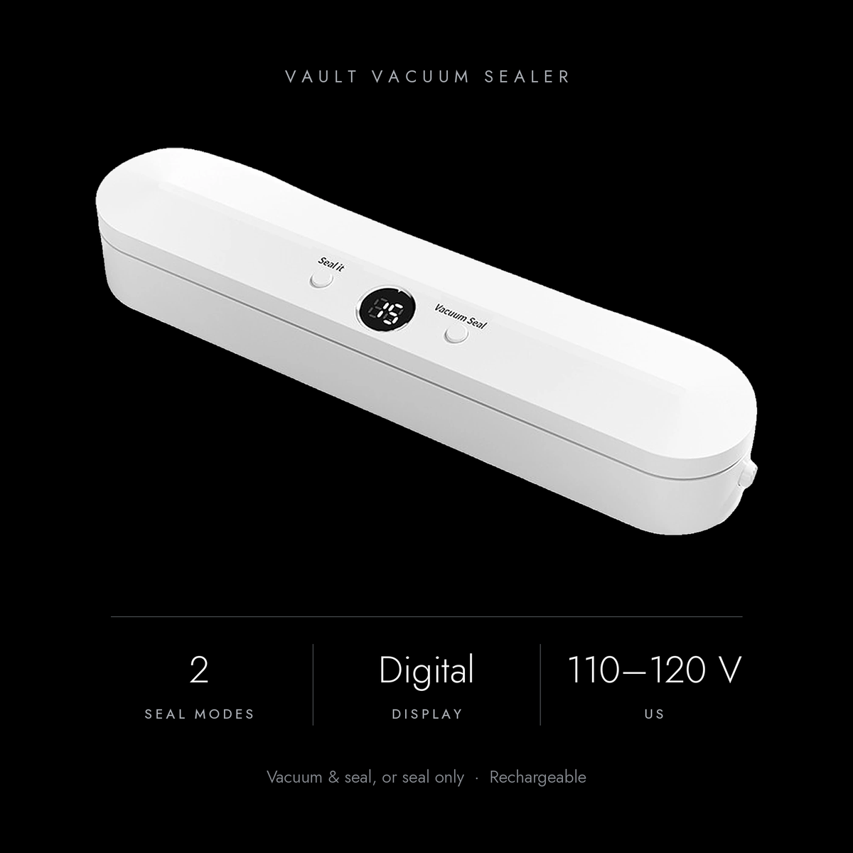 Vault key specs: two seal modes, digital display, US 110–120 V