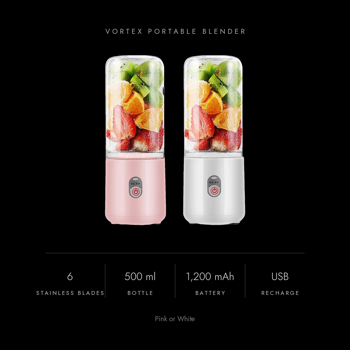 Vortex key specs: six stainless-steel blades, 500 ml bottle, 1,200 mAh battery, USB recharge