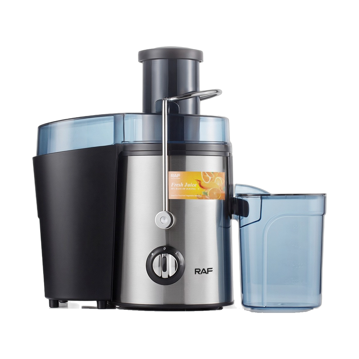 Zest Juice Extractor in brushed stainless steel with its juice jug