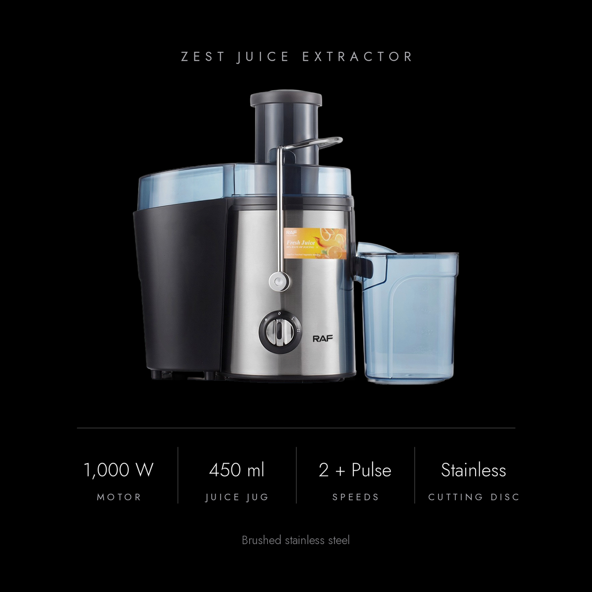 Zest key specs: 1,000 W motor, 450 ml juice jug, two speeds plus pulse, stainless steel cutting disc